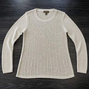 Tommy Bahama Womens XS Beige Chevron Open Knit Crochet Long Sleeve Sweater Tan